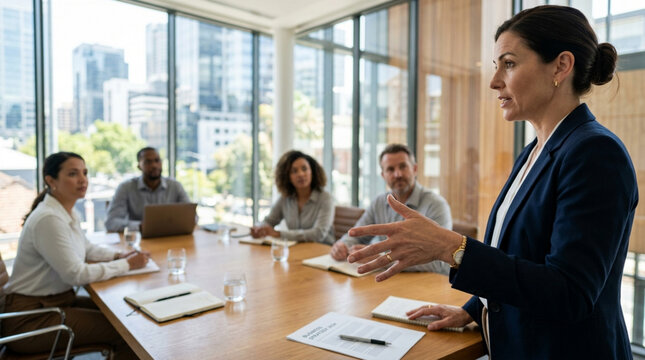 Confident Woman Leading Business Meeting in Modern Boardroom