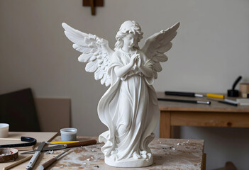 Fototapeta premium Spirituality and religion, white marble angel statue with praying hands in a sculptor workshop for artistic craftsmanship and traditional stone carving