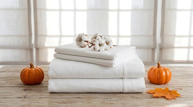 Fresh white folded bed linen sheets decorated with cotton flowers and pumpkins on rustic wooden table