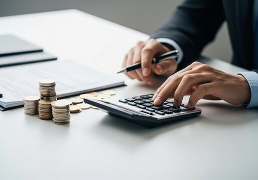 Ultra-realistic office desk photo of accountant hand performing finance calculations, calculator buttons visible, report paperwork and laptop in background, soft daylight, premium commercial clarity