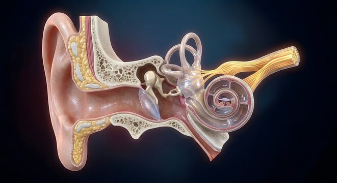 Anatomical crosssection of the human ear showing the outer, middle, and inner ear structures including the eardrum, ossicles, cochlea, and auditory nerve against a dark background