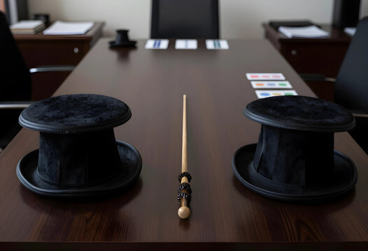 Leadership and negotiation strategy, two top hats and a pointer stick on a boardroom table corporate decision making and executive power
