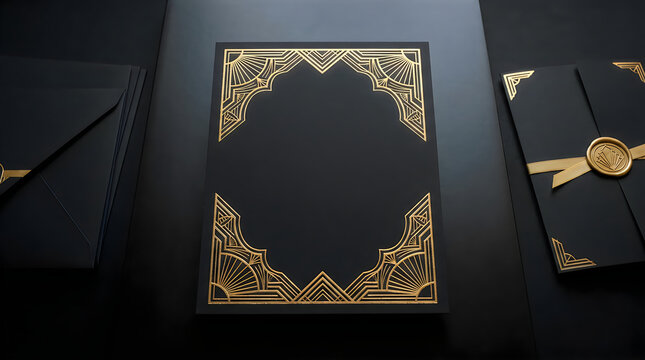 Elegant art deco style invitation card frame with geometric gold and black lines on a clean white background