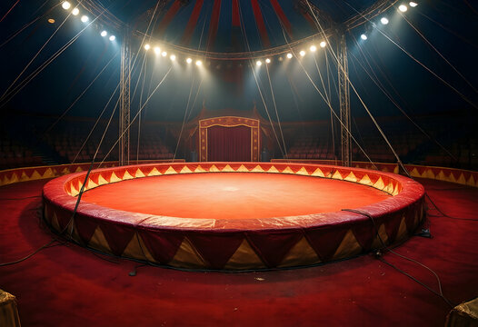 Entertainment and performance arts, empty circus ring with red carpet and stage lights in a big top tent for theatrical events and live show production