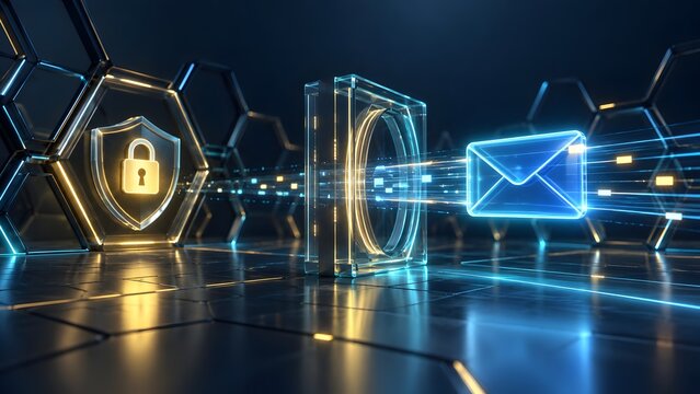 Encrypted email transmission concept with glowing digital envelope passing through secure firewall gateway