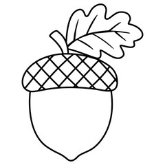 Acorn with leaf black and white, acorn outline, acorn coloring page © yani