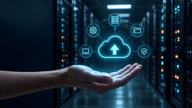 Cloud backup upload concept with hand presenting digital cloud interface over datacenter server room background
