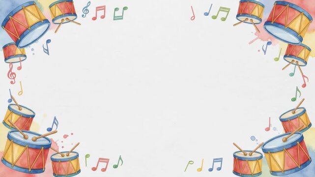 Colorful watercolor drums and musical notes frame on a white background, perfect for music-themed designs and celebrations.