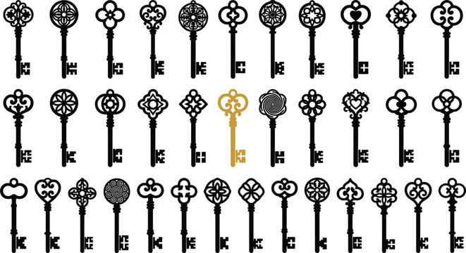 Ornate vintage keys silhouette set vector illustration featuring decorative antique skeleton key shapes isolated on white background
