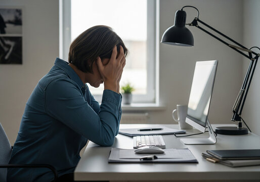 Working hard. Information overload. Eye strain. Stressed business woman girl sitting hands cover face in frustration at laptop at white office.