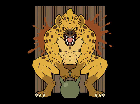 Aggressive Muscular Hyena Bodybuilder Lifting Kettlebell Fitness Mascot Illustration