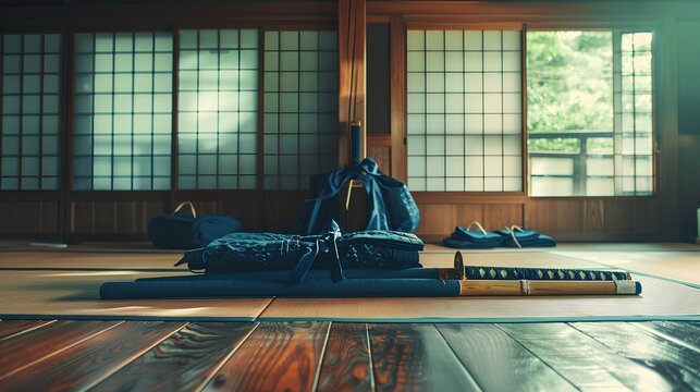A serene scene of kendo armor and bamboo swords lined up in a tatami-floored dojo