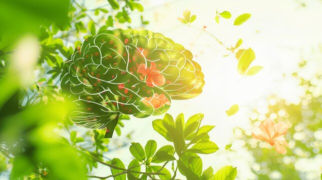 Concept art of a brain surrounded by fresh greenery and flowers: Mental health and the healing power of nature