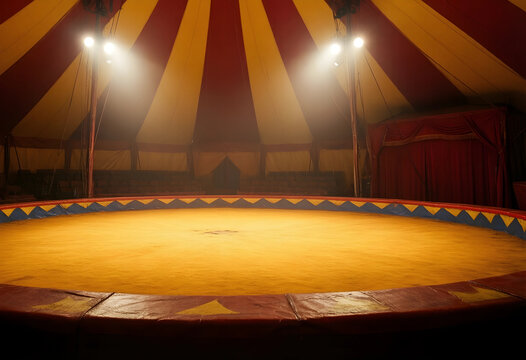 Entertainment and performance concept, empty circus ring with red and yellow striped tent canopy and bright stage spotlights for theatrical production