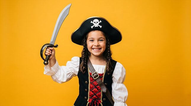 Happy little girl wearing pirate costume holding plastic sword against a bright vibrant yellow background