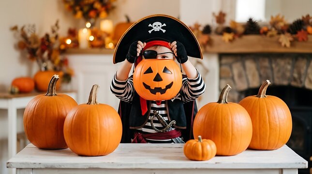 Little pirate boy holding orange pumpkin bucket while wearing black eye patch for autumn holiday fun