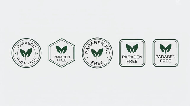 A clean high contrast black and white set of paraben free leaf badge icons for organic cosmetic and skincare product labeling