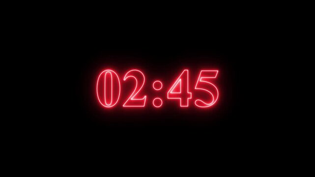 Red neon countdown timer clock digital display for event intro and motion