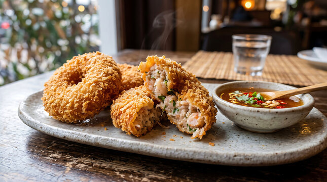 Hyper Realistic 9K Close Up Thai Tod Mun Goong Crispy Fried Shrimp Cakes with Plum Sauce Food Photography