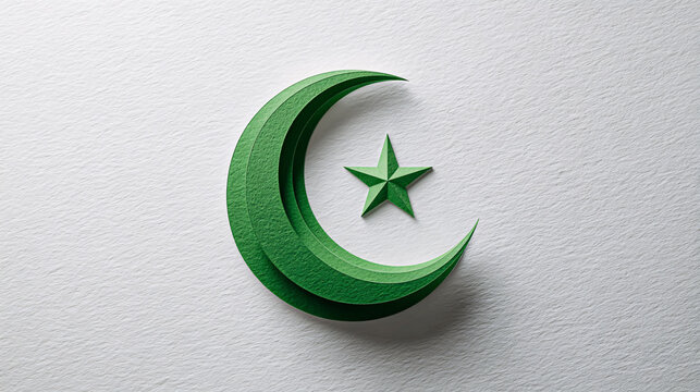 Crescent moon and star icon crafted in a green paper cut style rests on a textured transparent background.