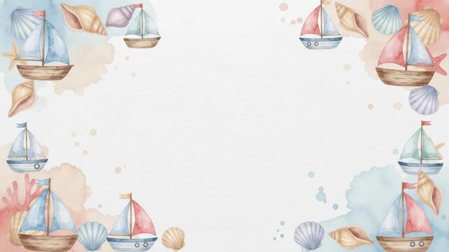 Watercolor illustration of sailboats and seashells, perfect for a nautical-themed background or border.