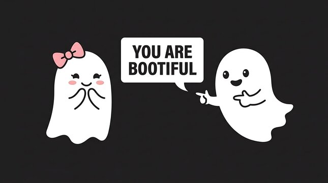 Cute white ghosts with pink bow expressing love through a funny pun on black background