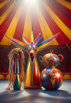 Circus performance and entertainment, colorful carnival props and artistic costumes in a big top tent with theatrical lighting and festive atmosphere