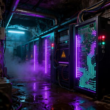 Underground Data Center With Glowing Electronic Racks