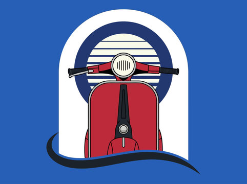 Vintage Red Scooter Vector Illustration, Retro Italian Moped Icon on Blue Background