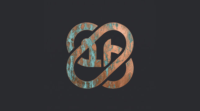 A weathered copper infinity knot with teal patina texture creates an industrial yet elegant emblem, ideal for craft, metalwork or heritage brands