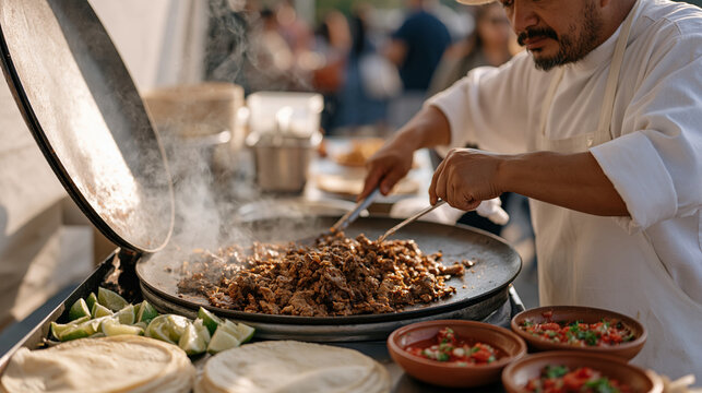A Mexican street vendor grills seasoned carne asada in an open taco stand on national taco day, smoke rising around fresh tortillas warming on the comal, lime wedges and salsa