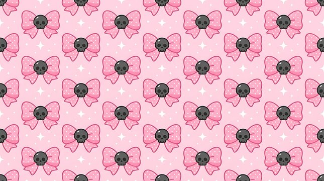 Pink kawaii pattern featuring cute repeating bows and dark skulls on a soft pastel background