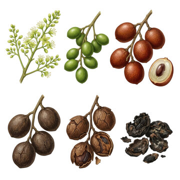 Matoa fruit Pometia pinnata growth stages from flowers to ripe seeds, isolated on transparent background.