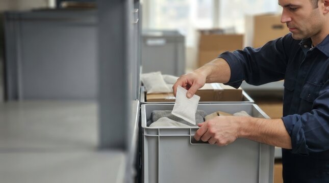 Warehouse worker carefully inspecting and sorting packages for efficient inventory management and seamless logistics distribution inside a modern depot