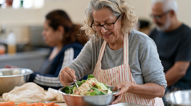 Retired senator teaching a nutrition cooking class to community constituents in a public kitchen, civic outreach healthy eating initiative former politician community service