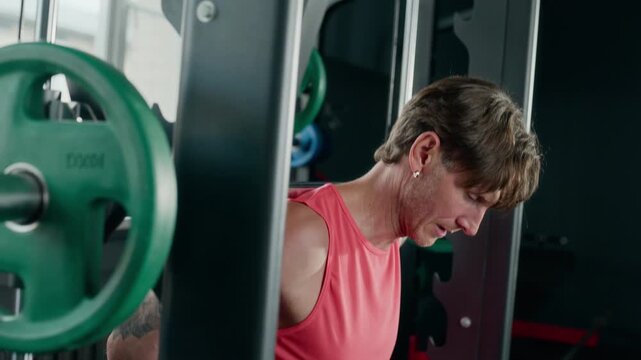 Middle aged Caucasian man performing barbell lunges on Smith machine during leg workout in gym. Clip suitable for fitness advertising, sports marketing, wellness campaigns