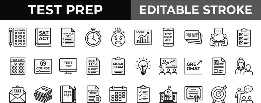 Test prep icons set with icons representing standardized on transparent background Editable Stroke.