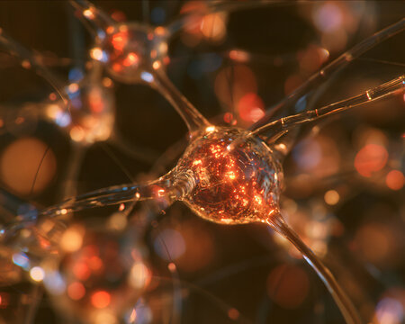 Close-up of glowing neural architecture and digital computation network illustration