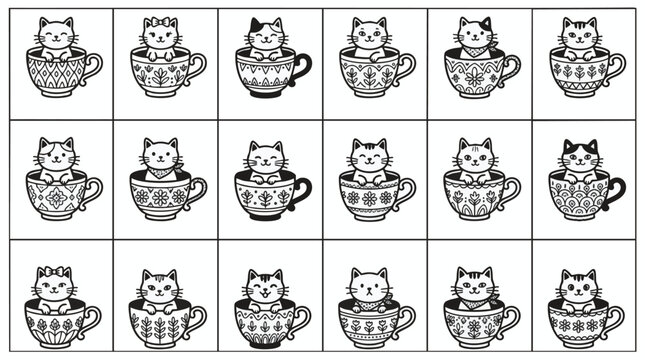 Charming black and white illustrated cat tea set collection with whimsical teacups, concept for branding, packaging design, and children&rsquo;s educational materials