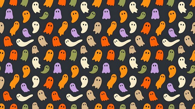 Colorful cute ghost pattern seamless design featuring various spirits on dark background for seasonal holiday celebration