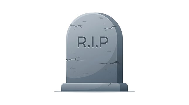 Weathered grey stone tombstone with cracked textures and carved lettering isolated on a white background