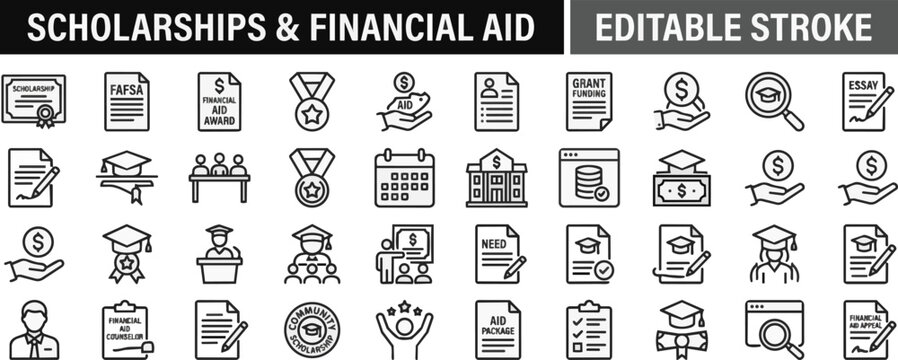 Scholarship and financial aid line icons set on transparent background Editable Stroke.