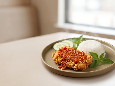 ayam geprek, chicken, food, fried chicken, Indonesian food, sambal, rice, spicy chicken, Indonesian cuisine, crispy chicken, meal, lunch, dinner, traditional food, Asian food, main course, restaurant 