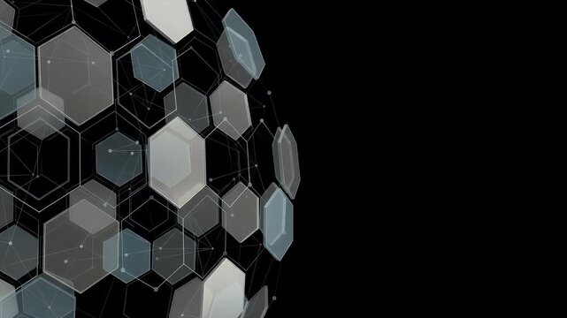 Futuristic hexagonal pattern abstract design, geometric shapes forming a sphere with interconnected lines, dark background, digital art.