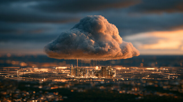 Digital city skyline beneath a massive glowing cloud computing data network