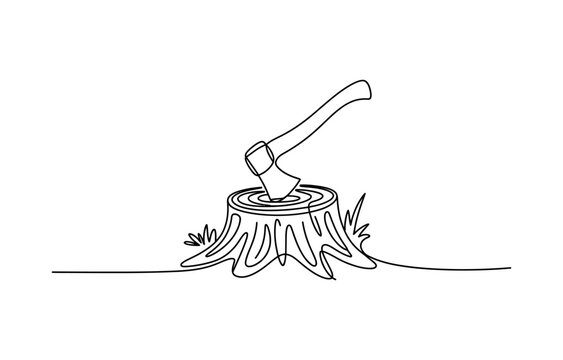 Continuous one line drawing of an axe stuck in a wooden tree stump in the forest representing logging and deforestation in a simple minimalist style