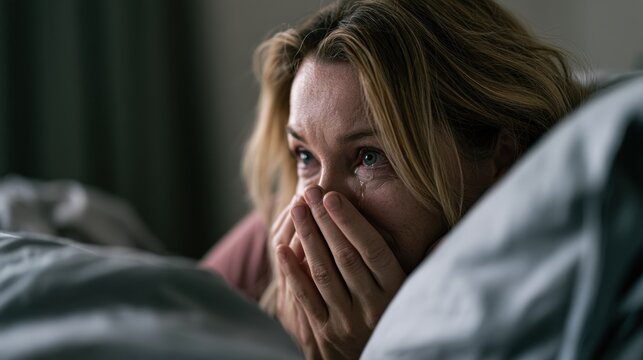Emotionally overwhelmed young mother crying alone in bed while struggling with exhaustion and postpartum mental health