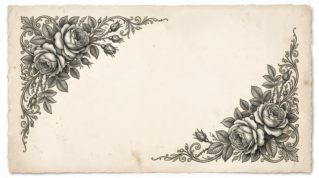 Vintage floral corner frame design with detailed rose flowers and leaves in a classic engraving illustration style