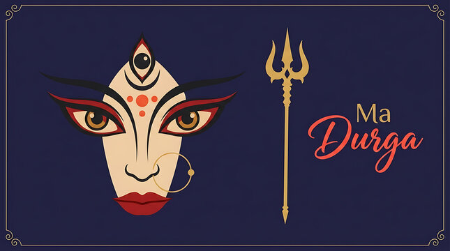 Elegant durga face with sacred trident on deep blue background for durga puja and navratri traditional hindu festival decorative devotional spiritual artwork