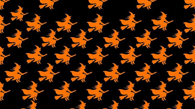 Vibrant orange witch silhouettes flying on broomsticks against solid black background for fun festive wallpaper